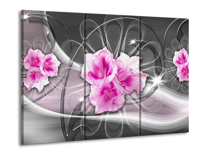 Canvas Schilderij Modern, Bloemen | Grijs, Roze | 60x90cm 3Luik