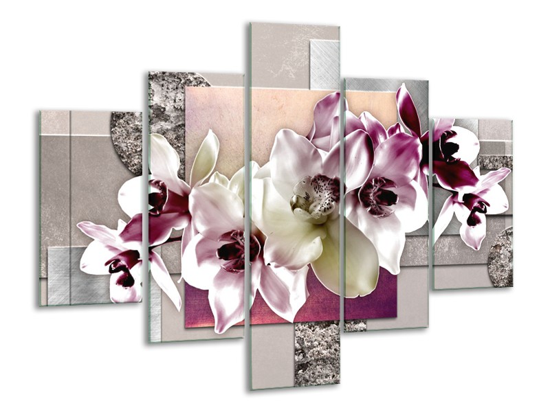 Glasschilderij Orchidee, Bloemen | Paars, Grijs | 100x70cm 5Luik