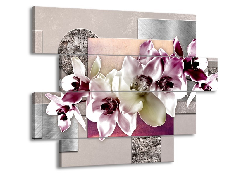 Canvas Schilderij Orchidee, Bloemen | Paars, Grijs | 115x85cm 4Luik