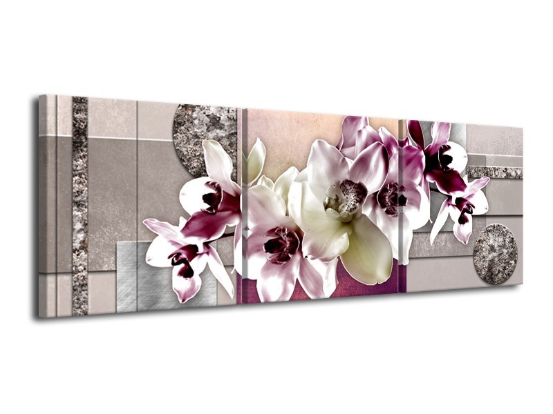 Canvas Schilderij Orchidee, Bloemen | Paars, Grijs | 120x40cm 3Luik