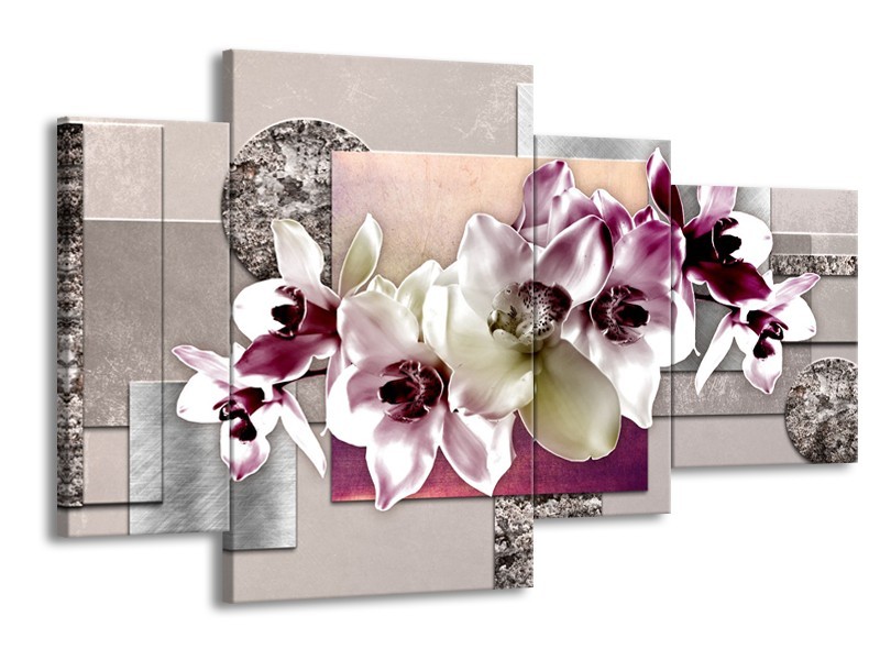 Canvas Schilderij Orchidee, Bloemen | Paars, Grijs | 120x75cm 4Luik