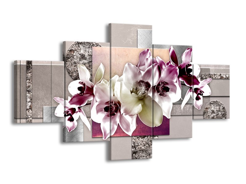 Canvas Schilderij Orchidee, Bloemen | Paars, Grijs | 125x70cm 5Luik
