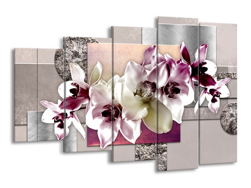 Canvas Schilderij Orchidee, Bloemen | Paars, Grijs | 150x100cm 5Luik