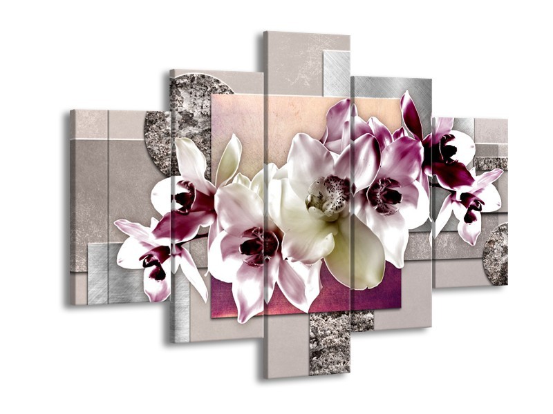 Canvas Schilderij Orchidee, Bloemen | Paars, Grijs | 150x105cm 5Luik