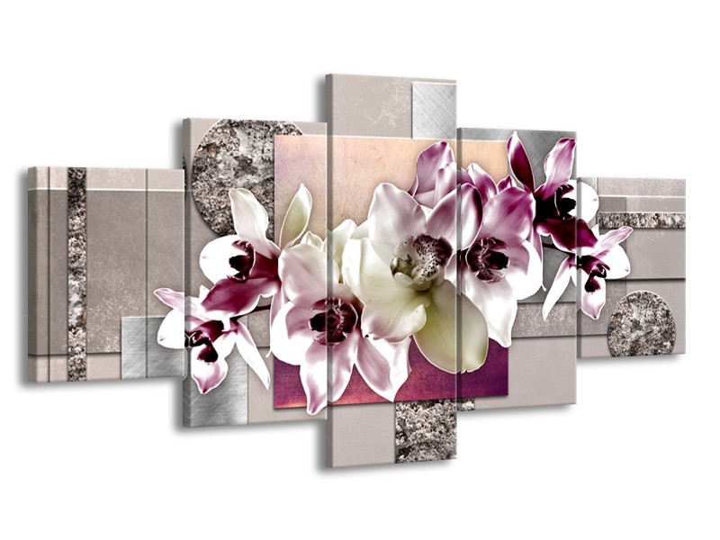 Canvas Schilderij Orchidee, Bloemen | Paars, Grijs | 150x80cm 5Luik