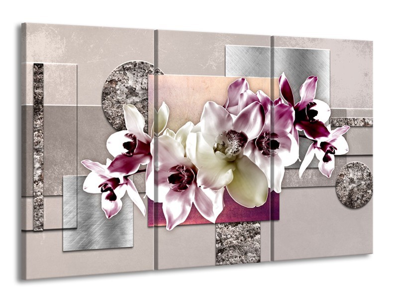 Canvas Schilderij Orchidee, Bloemen | Paars, Grijs | 165x100cm 3Luik