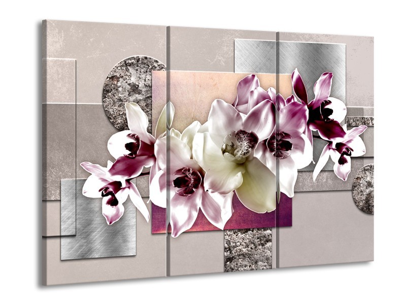 Canvas Schilderij Orchidee, Bloemen | Paars, Grijs | 60x90cm 3Luik