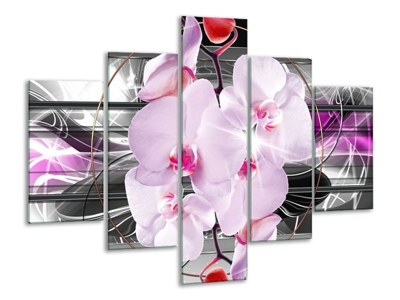 Canvas Schilderij Orchidee, Bloemen | Grijs, Paars | 100x70cm 5Luik