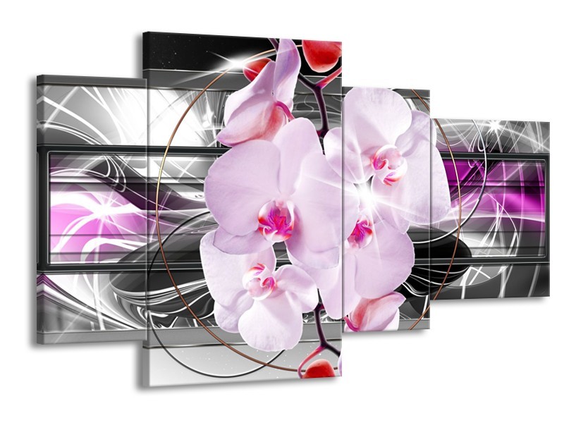 Canvas Schilderij Orchidee, Bloemen | Grijs, Paars | 120x75cm 4Luik