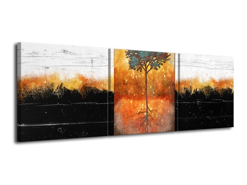 Canvas Schilderij Boom | Oranje, Zwart, Wit | 120x40cm 3Luik