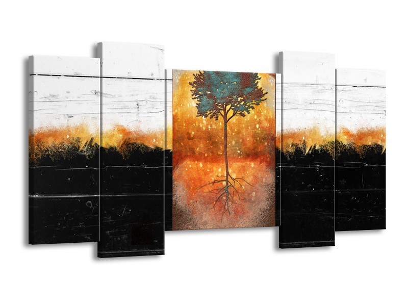 Canvas Schilderij Boom | Oranje, Zwart, Wit | 120x65cm 5Luik