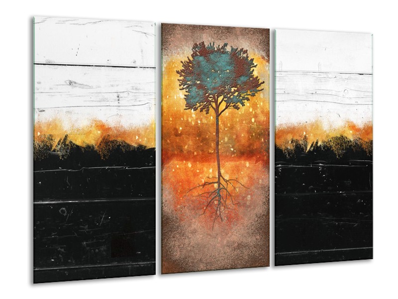 Glasschilderij Boom | Oranje, Zwart, Wit | 120x80cm 3Luik