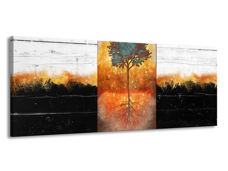 Canvas Schilderij Boom | Oranje, Zwart, Wit | 145x58cm 1Luik