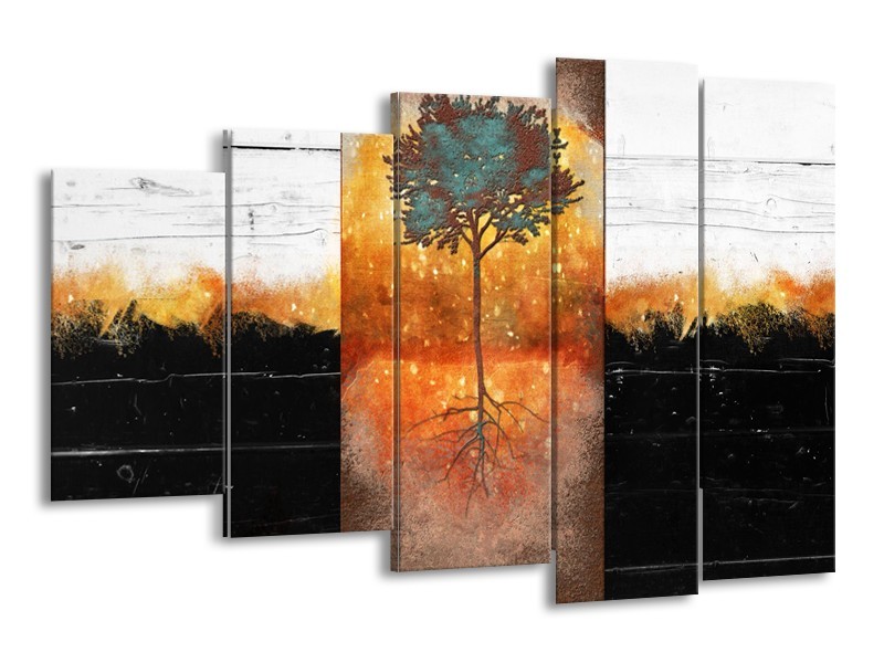 Glasschilderij Boom | Oranje, Zwart, Wit | 150x100cm 5Luik