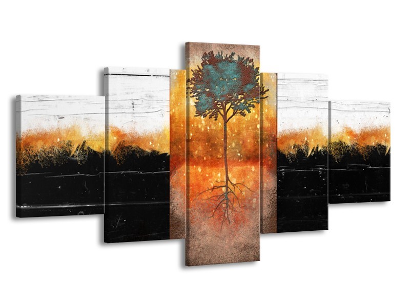 Glasschilderij Boom | Oranje, Zwart, Wit | 150x80cm 5Luik