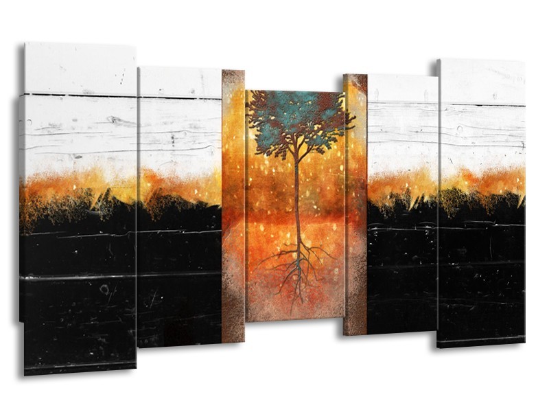 Canvas Schilderij Boom | Oranje, Zwart, Wit | 150x80cm 5Luik