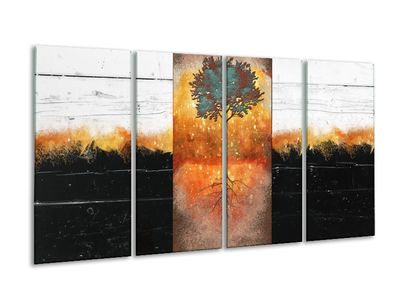 Canvas Schilderij Boom | Oranje, Zwart, Wit | 160x80cm 4Luik
