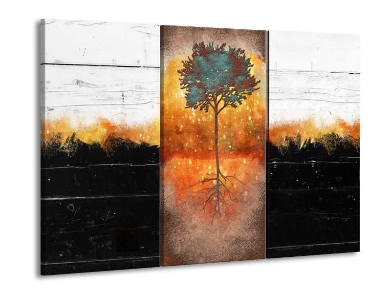 Canvas Schilderij Boom | Oranje, Zwart, Wit | 60x90cm 3Luik
