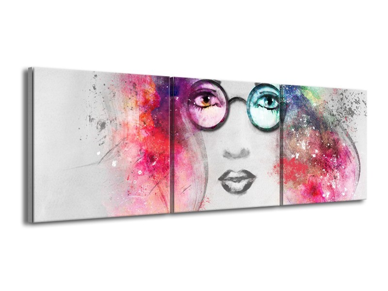 Canvas Schilderij Vrouw | Grijs, Roze | 150x50cm 3Luik