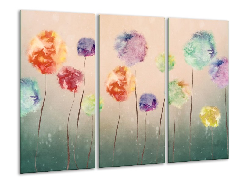 Canvas Schilderij Bloemen | Groen, Crème | 120x80cm 3Luik