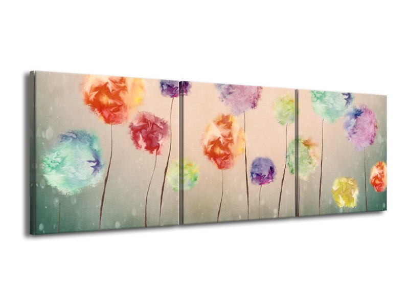 Canvas Schilderij Bloemen | Groen, Crème | 150x50cm 3Luik