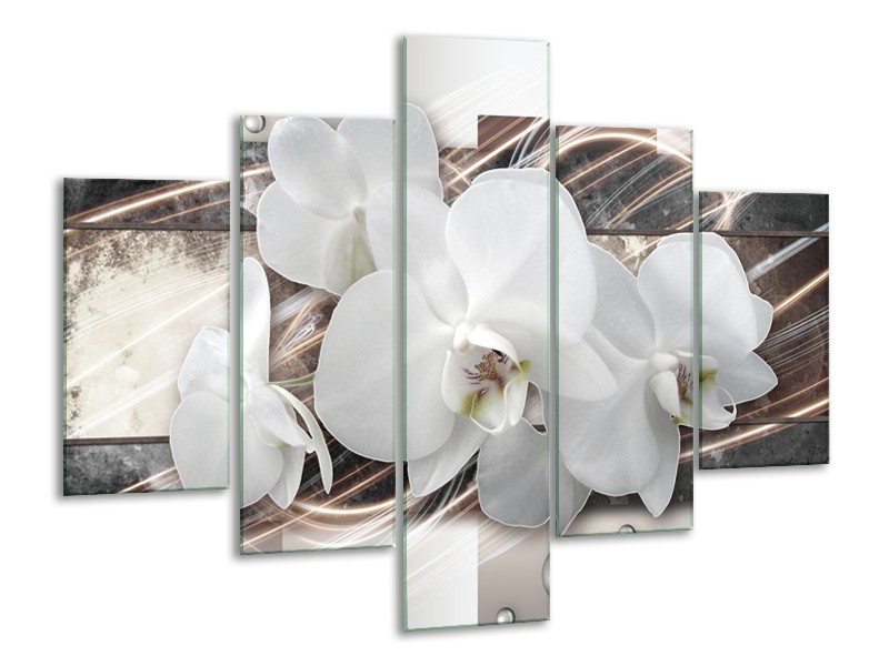 Canvas Schilderij Orchidee, Bloemen | Grijs, Wit | 100x70cm 5Luik