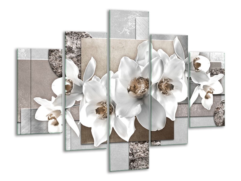 Canvas Schilderij Orchidee, Bloemen | Grijs, Wit | 100x70cm 5Luik