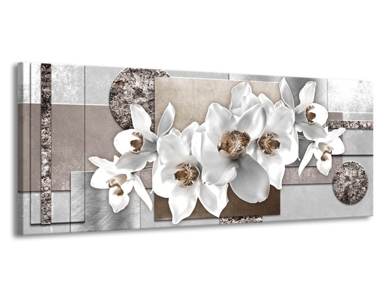 Canvas Schilderij Orchidee, Bloemen | Grijs, Wit | 145x58cm 1Luik