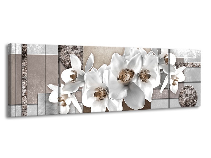 Canvas Schilderij Orchidee, Bloemen | Grijs, Wit | 170x50cm 3Luik