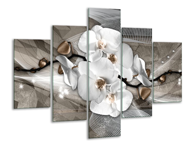 Canvas Schilderij Orchidee, Modern | Wit, Grijs | 100x70cm 5Luik