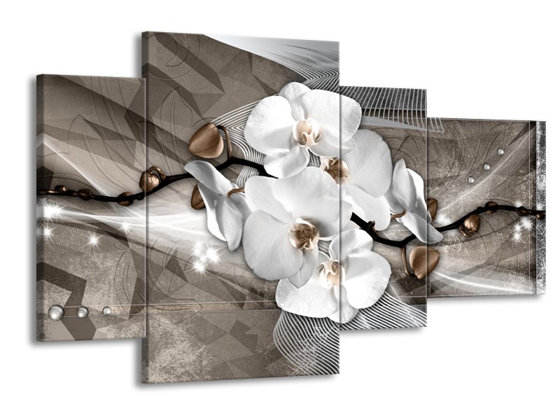 Canvas Schilderij Orchidee, Modern | Wit, Grijs | 120x75cm 4Luik
