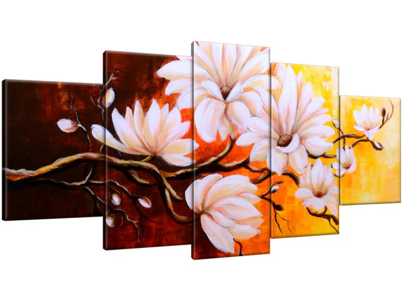 Schilderij handgeschilderd Bloemen | Bruin , Oranje | 150x70cm 5Luik