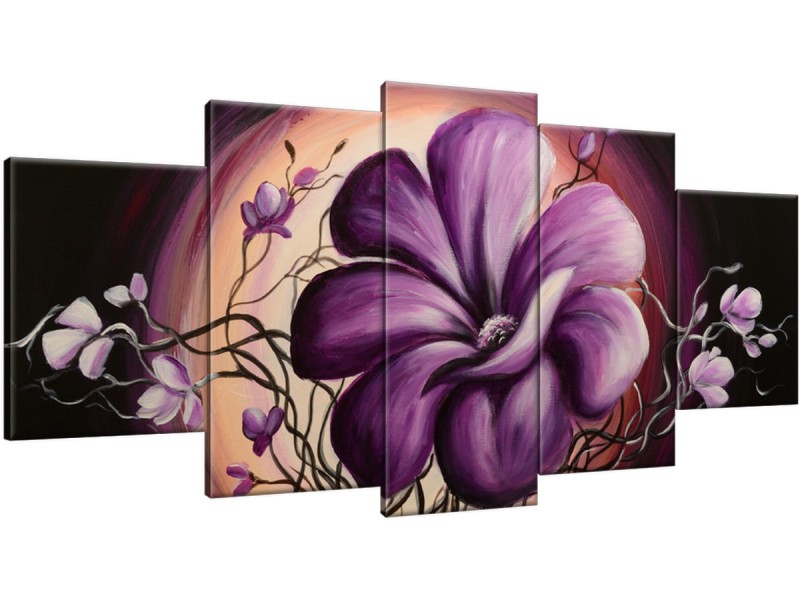 Schilderij handgeschilderd Bloem | Paars , Bruin , Zwart | 150x70cm 5Luik