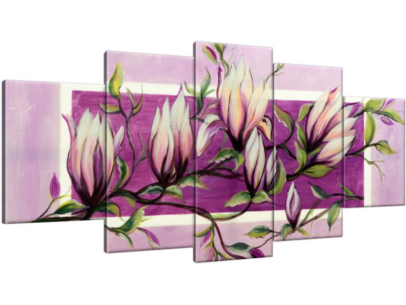 Schilderij handgeschilderd Magnolia | Paars , Roze , Groen | 150x70cm 5Luik