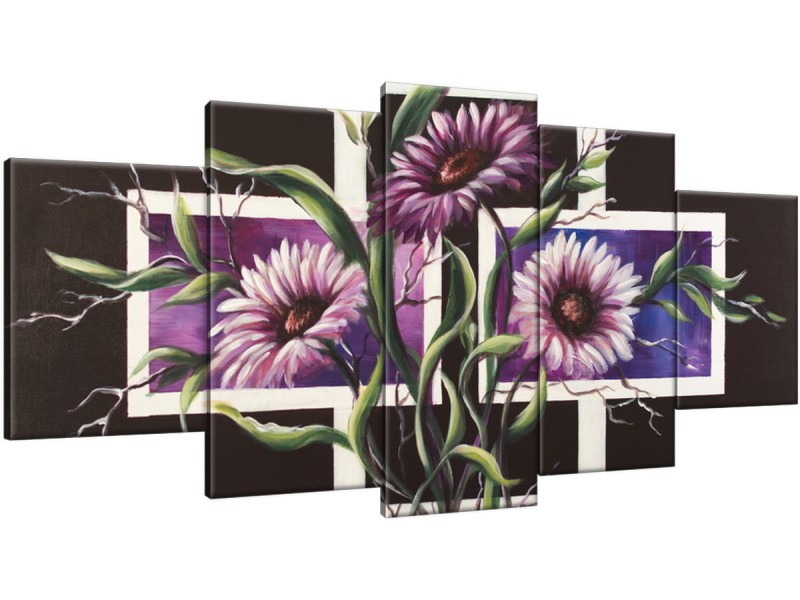 Schilderij handgeschilderd Bloem Asters | Paars , Groen | 150x70cm 5Luik