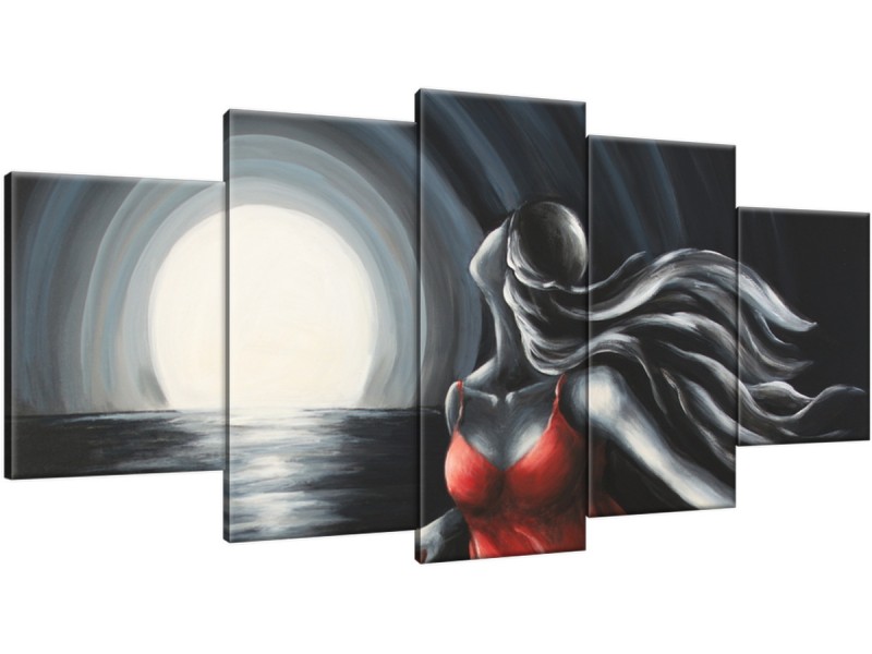 Schilderij handgeschilderd Vrouw | Rood , Grijs | 150x70cm 5Luik