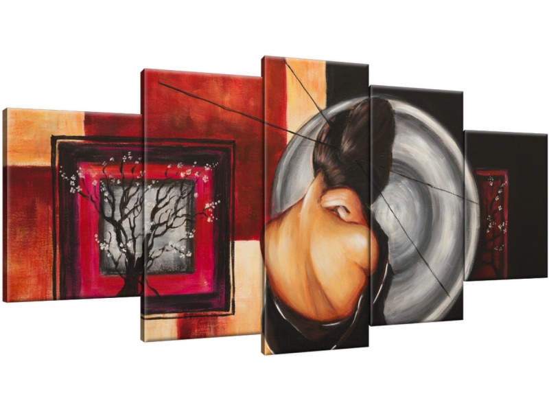 Schilderij handgeschilderd Vrouw | Bruin , Rood , Grijs | 150x70cm 5Luik