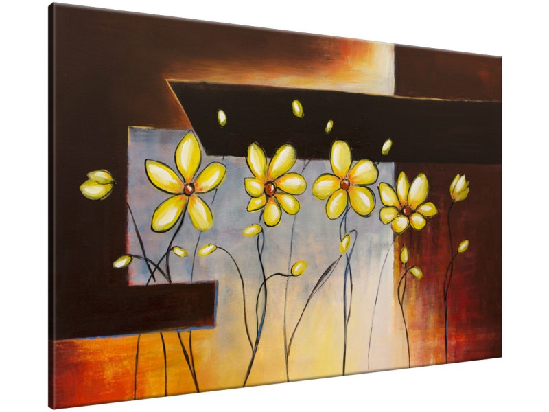 Schilderij handgeschilderd Bloemen | Geel , Grijs , Bruin | 120x70cm 1Luik