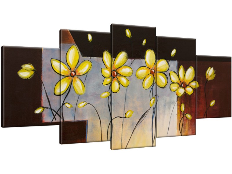 Schilderij handgeschilderd Bloemen | Geel , Grijs , Bruin | 150x70cm 5Luik