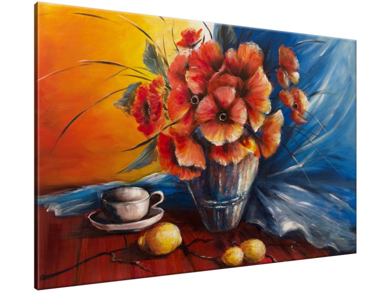 Schilderij handgeschilderd Klaproos | Rood , Blauw , Oranje | 120x70cm 1Luik