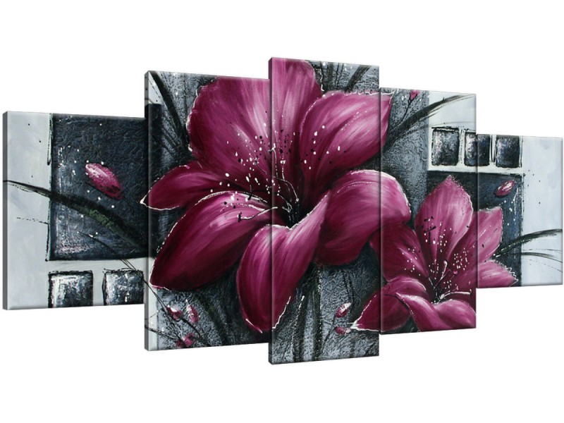Schilderij handgeschilderd Bloemen | Paars , Grijs | 150x70cm 5Luik