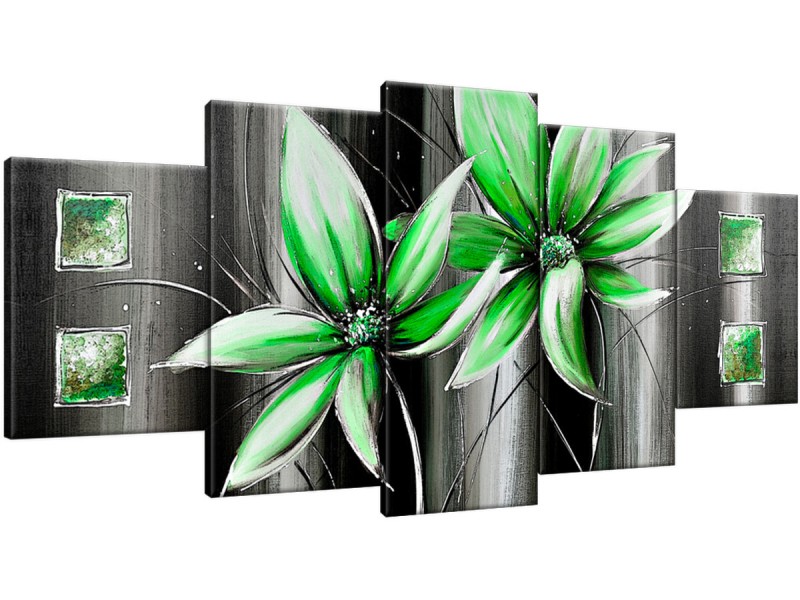 Schilderij handgeschilderd Bloemen | Groen , Grijs | 150x70cm 5Luik