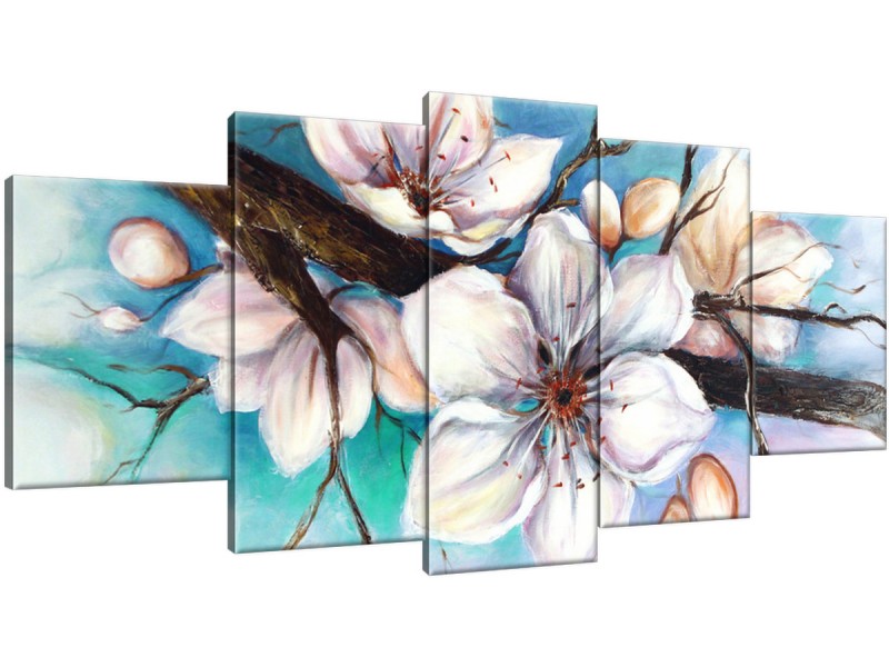 Schilderij handgeschilderd Bloemen | Turquoise , Grijs | 150x70cm 5Luik