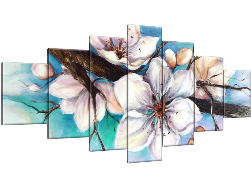 Schilderij handgeschilderd Bloemen | Turquoise , Grijs | 210x100cm 7Luik