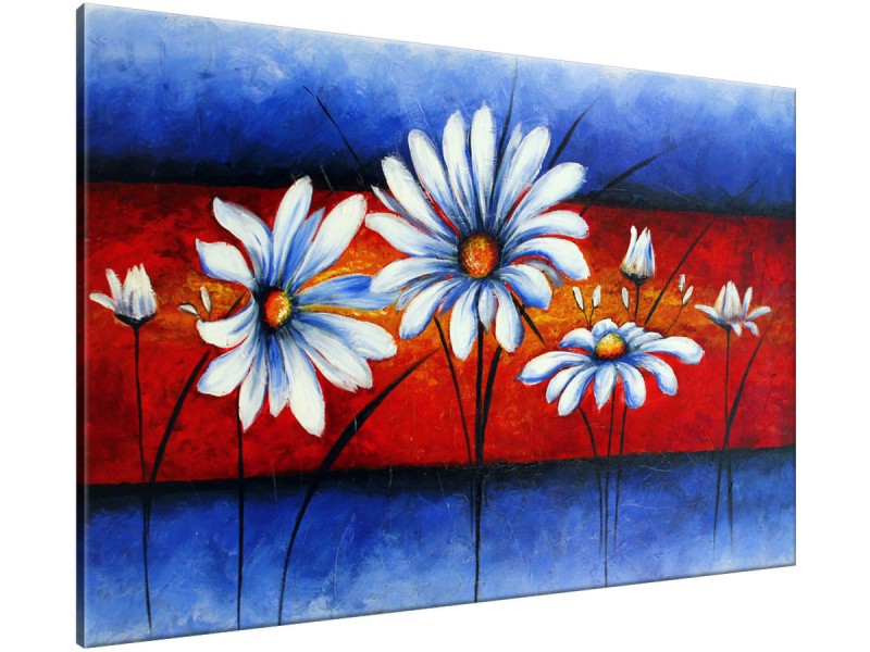 Schilderij handgeschilderd Bloemen | Blauw , Rood | 120x70cm 1Luik