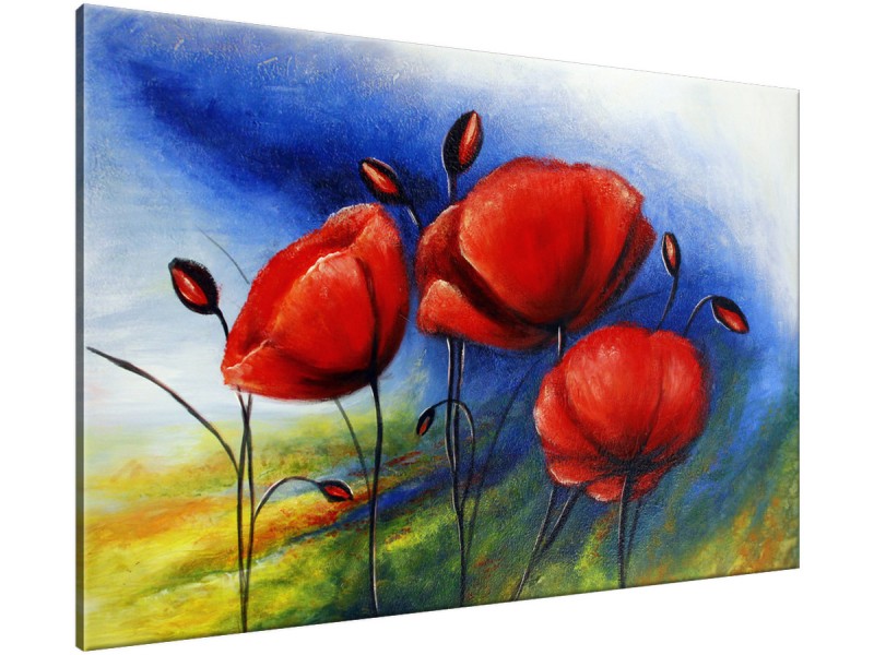 Schilderij handgeschilderd Klaproos | Rood , Blauw , Groen | 120x70cm 1Luik