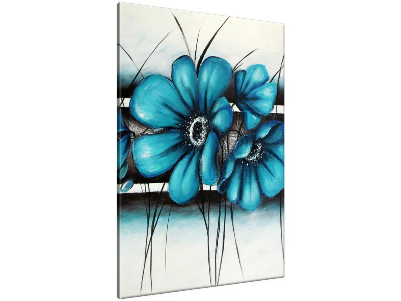Schilderij handgeschilderd Bloemen | Turquoise , Grijs | 70x120cm 1Luik