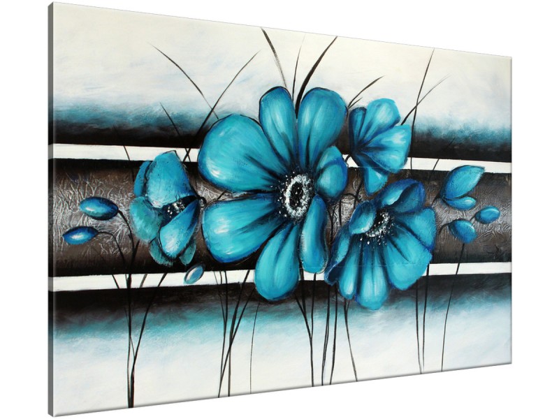 Schilderij handgeschilderd Bloemen | Turquoise , Grijs | 120x70cm 1Luik