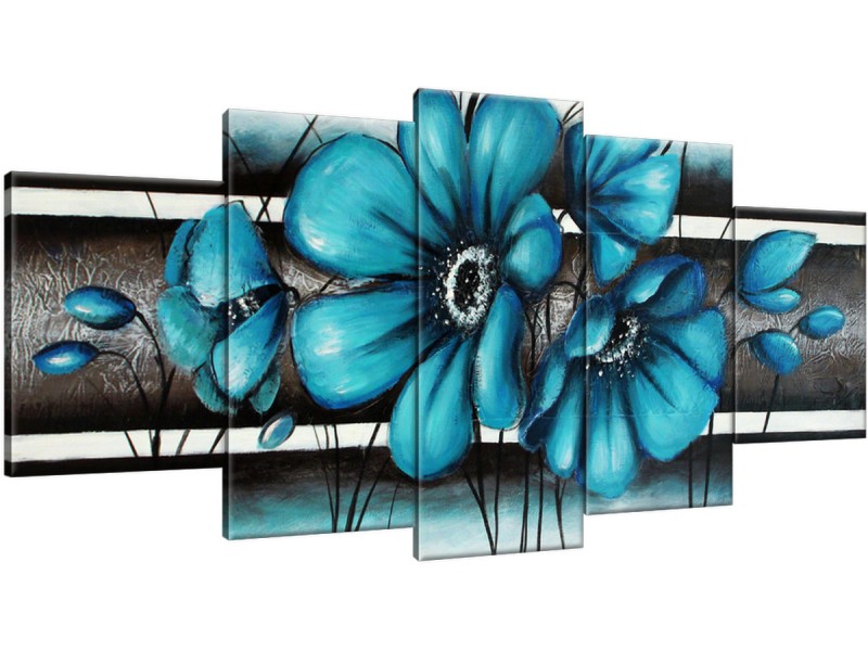 Schilderij handgeschilderd Bloemen | Turquoise , Grijs | 150x70cm 5Luik