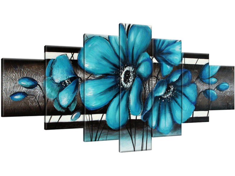 Schilderij handgeschilderd Bloemen | Turquoise , Grijs | 210x100cm 7Luik